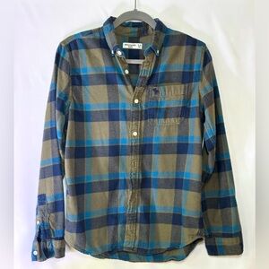 Abercrombie Kids Blue and Olive Green Plaid Flannel Shirt Size 15-16